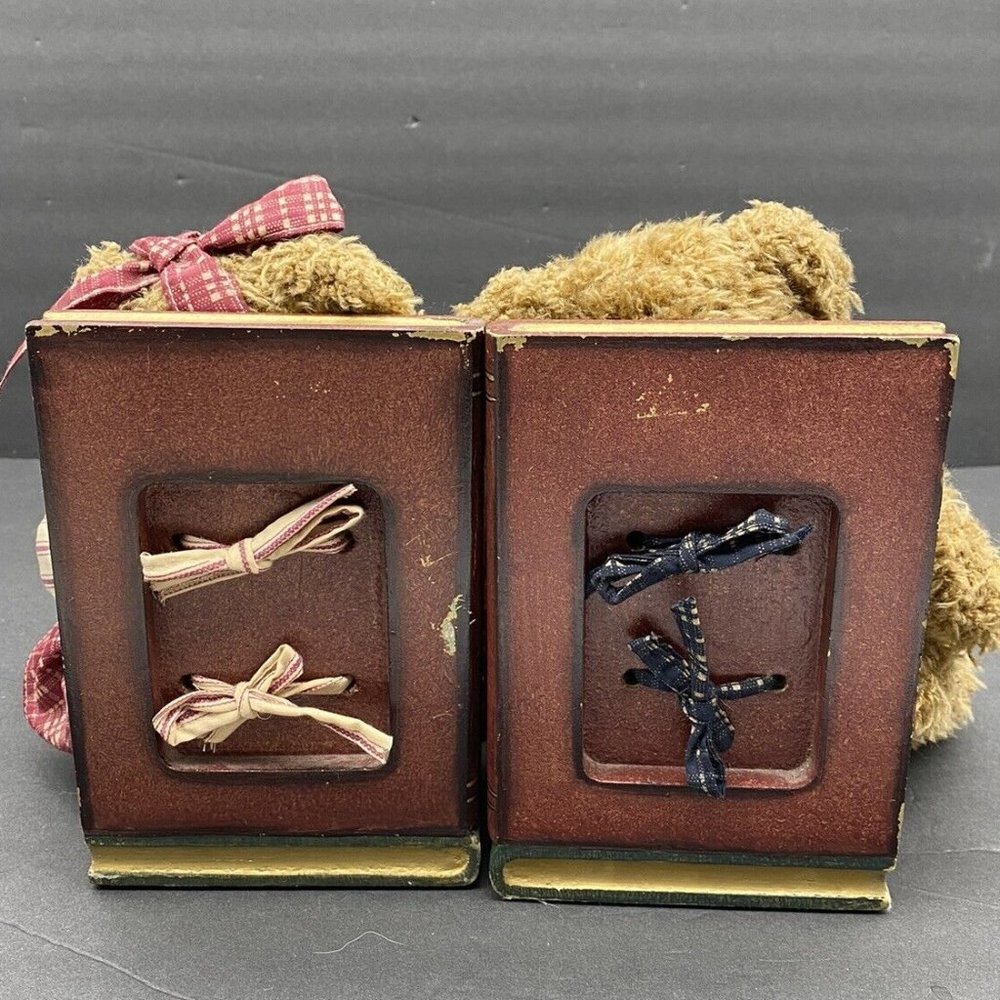 VTG Y2K Teddy Bear Bookends Books Are Fun Wooden Plush Pair Children Library 90s - Picture 14 of 16
